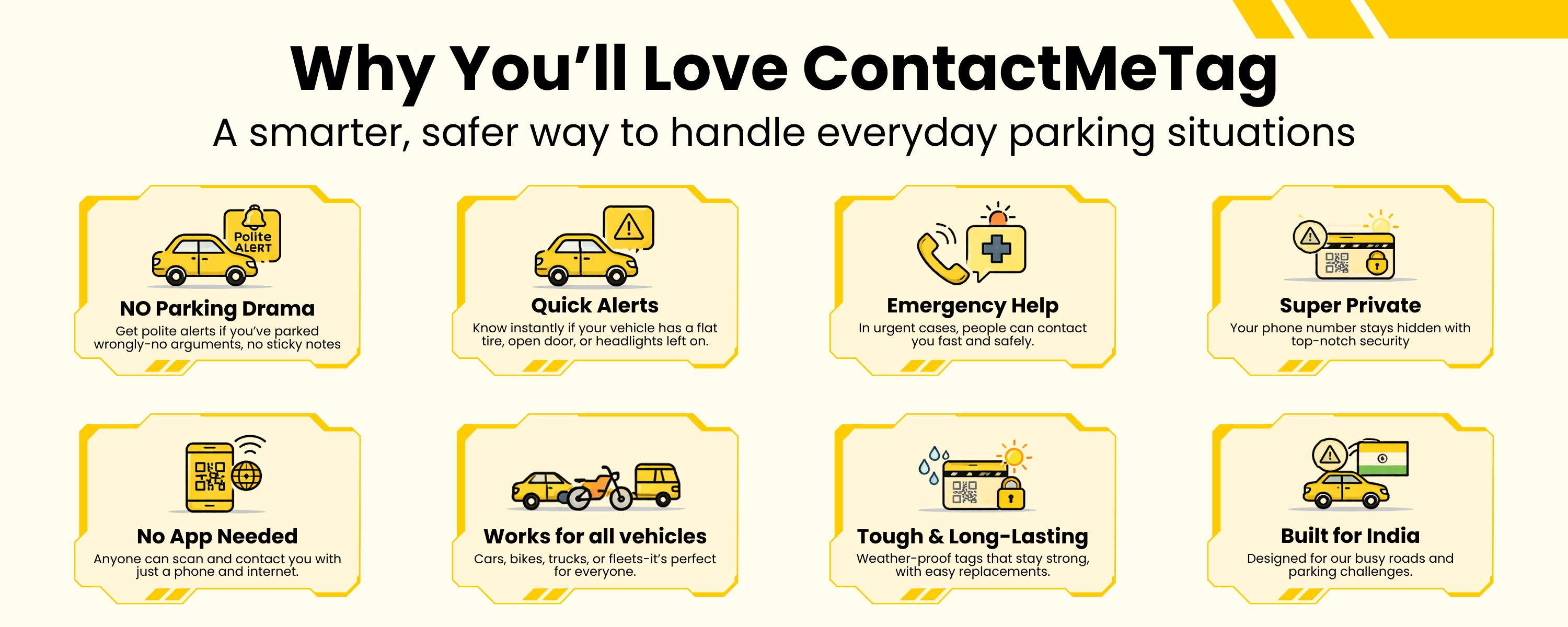 Benefits of ContactMeTag secure car parking tag including private alerts, emergency help and QR vehicle contact